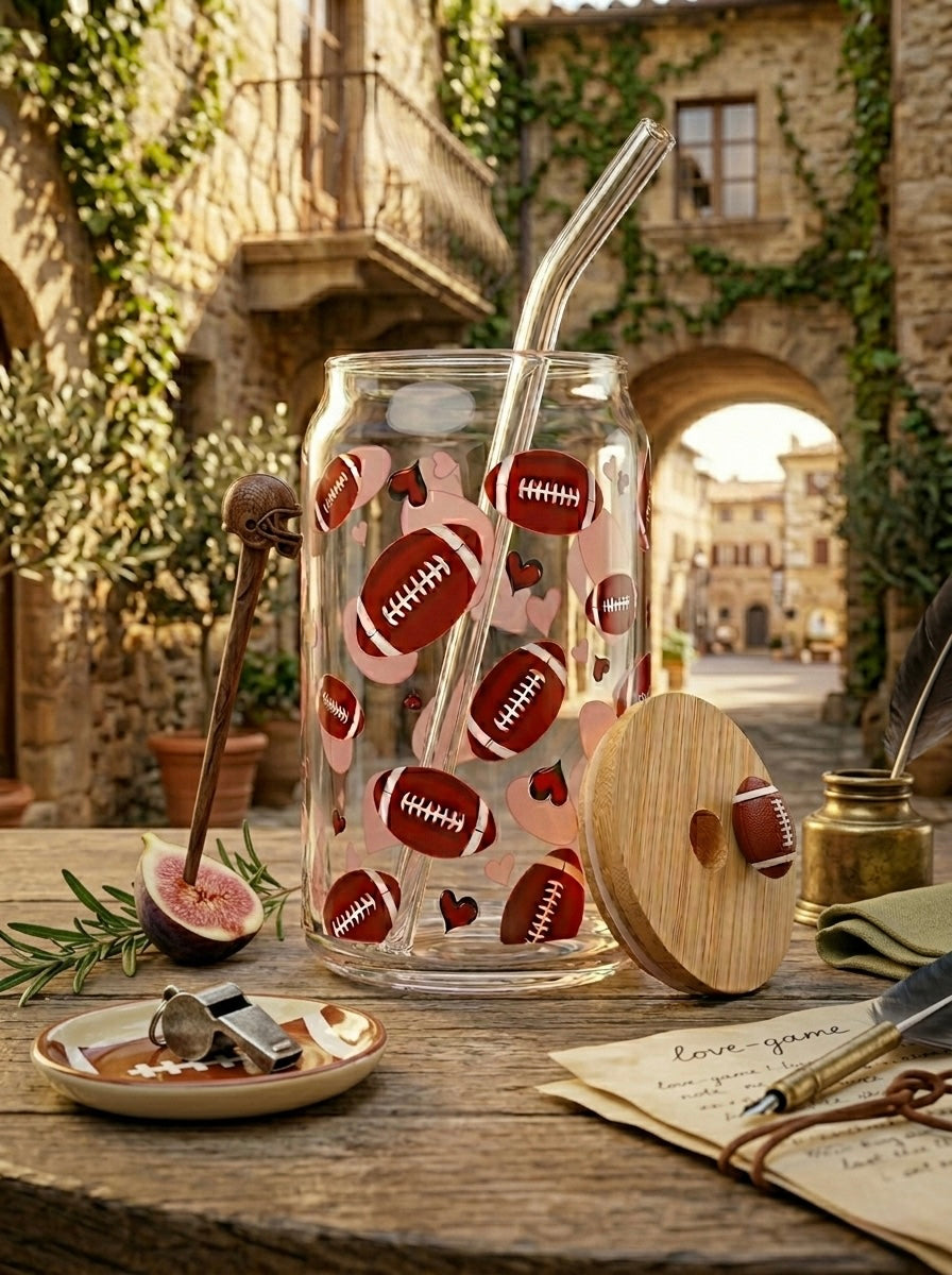Rugby  | 16oz Glass Tumbler with Decorative Bamboo Lid & Glass Straw