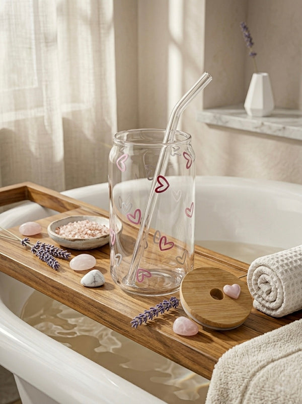 Heart Sipper  | 16oz Glass Tumbler with Decorative Bamboo Lid & Glass Straw