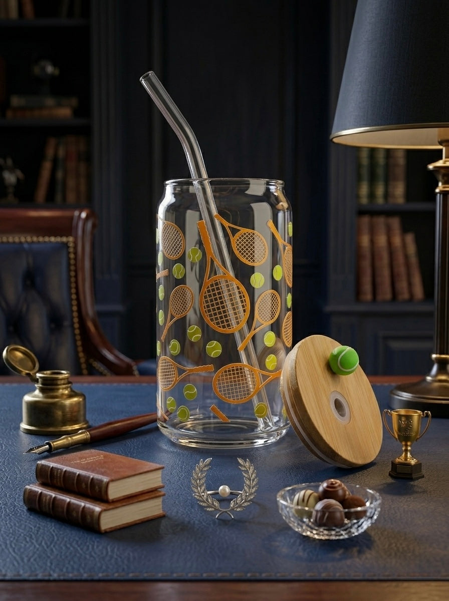 Tennis Tumbler  | 16oz Glass Tumbler with Decorative Bamboo Lid & Glass Straw