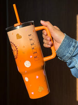 Orange Brew Tumbler | 40oz Insulated Stainless Steel Tumbler with Carry Handle & Reusable Straw | Cafecito Y Chisme | Coffee Corner Gradient Travel Mug