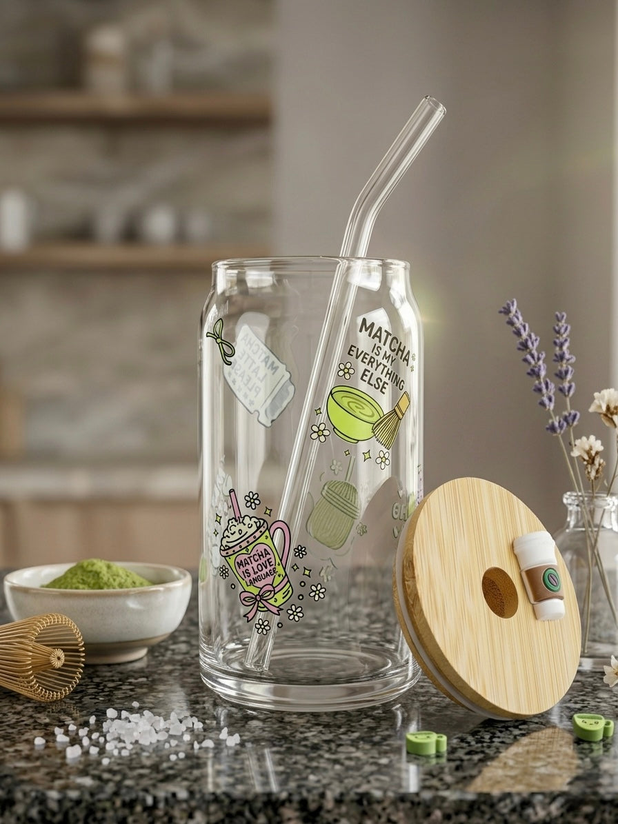 Matcha Mood  | 16oz Glass Tumbler with Decorative Bamboo Lid & Glass Straw