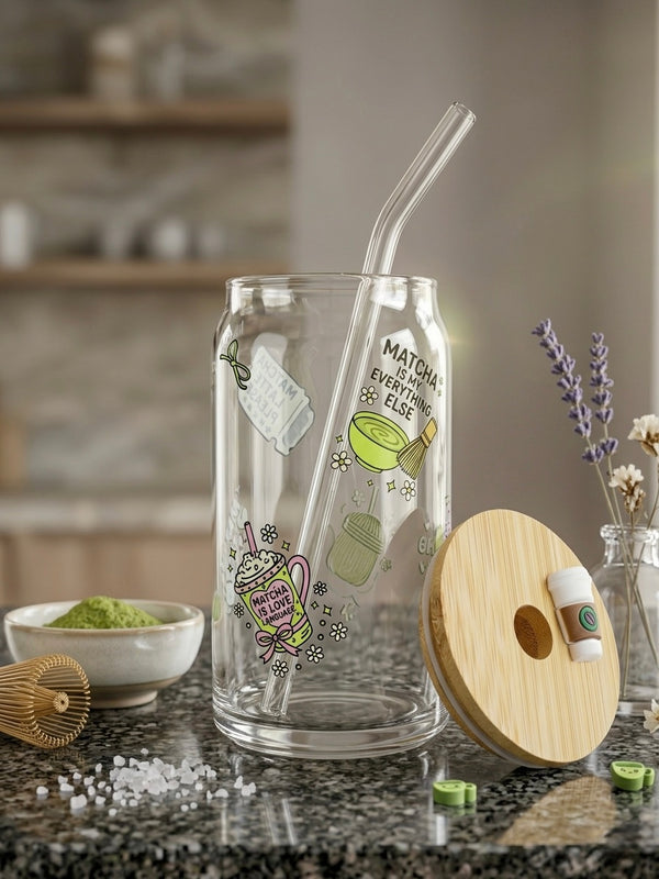 Matcha Mood  | 16oz Glass Tumbler with Decorative Bamboo Lid & Glass Straw