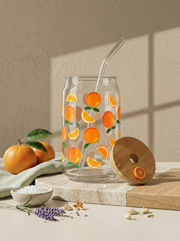 Orange Sunset  | 16oz Glass Tumbler with Decorative Bamboo Lid & Glass Straw
