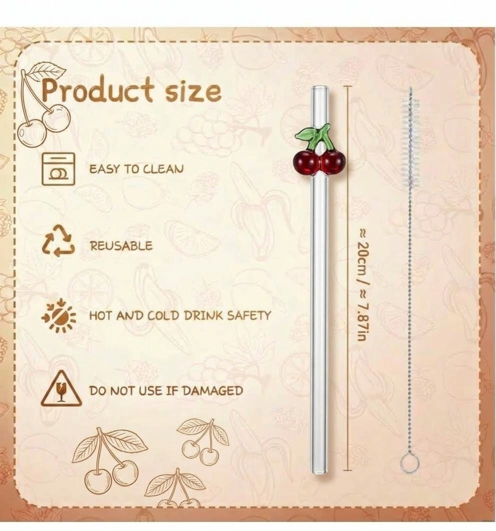 Cherry Glass Straw with Cleaner