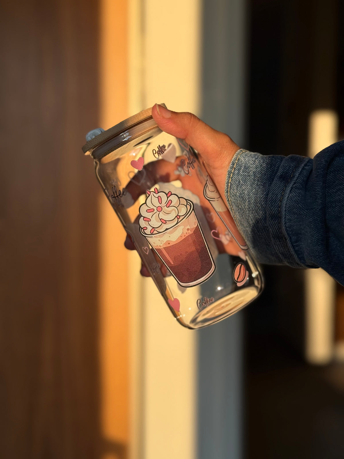 Coffee Frappe Tumbler  | 16oz Glass Tumbler with Decorative Bamboo Lid & Glass Straw
