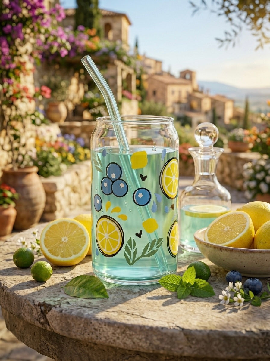 Blueberry Lime Tumbler  | 16oz Glass Tumbler with Decorative Bamboo Lid & Glass Straw