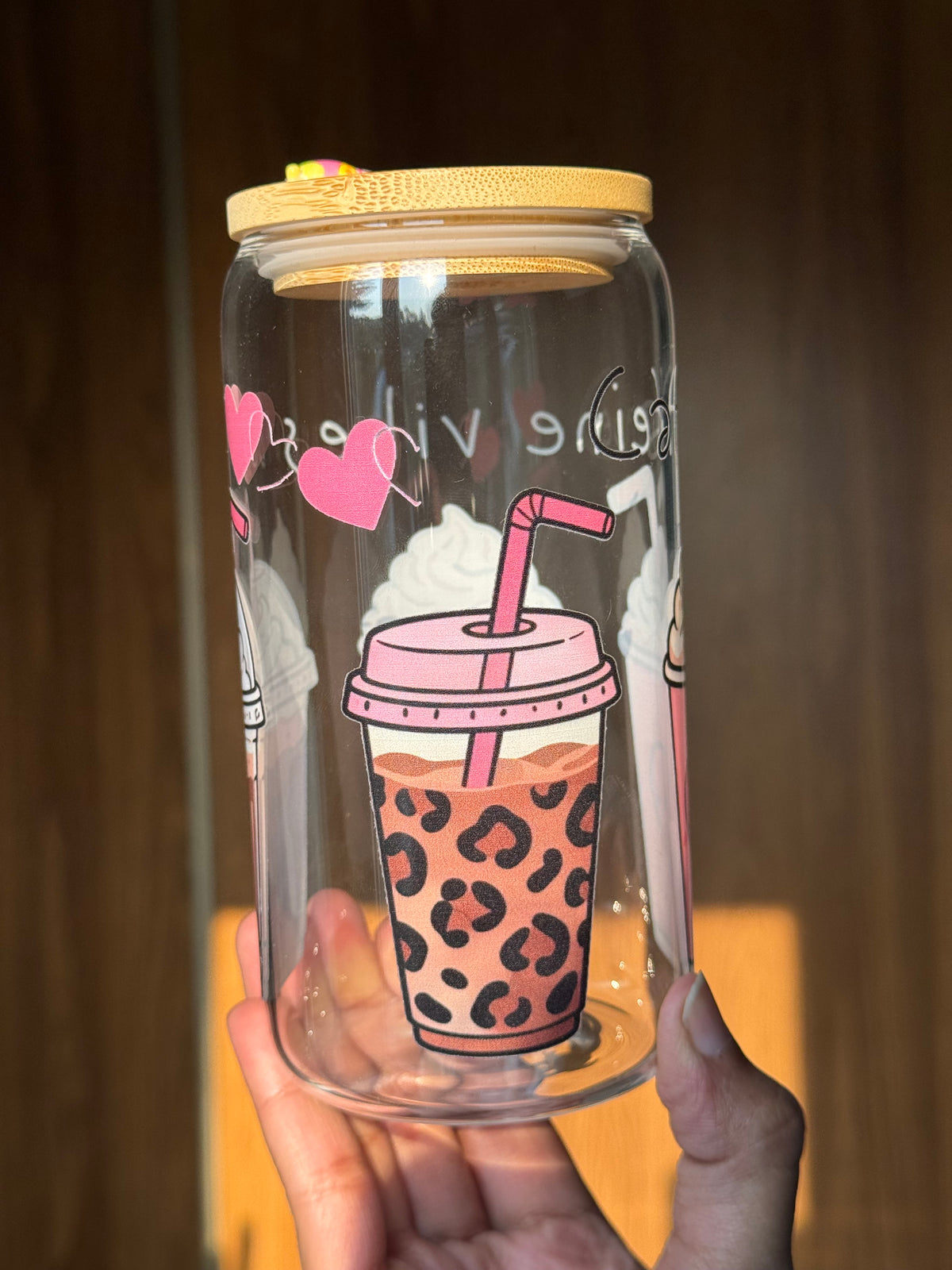Caffeine Vibes | 16oz Glass Tumbler with Decorative Bamboo Lid & Glass Straw