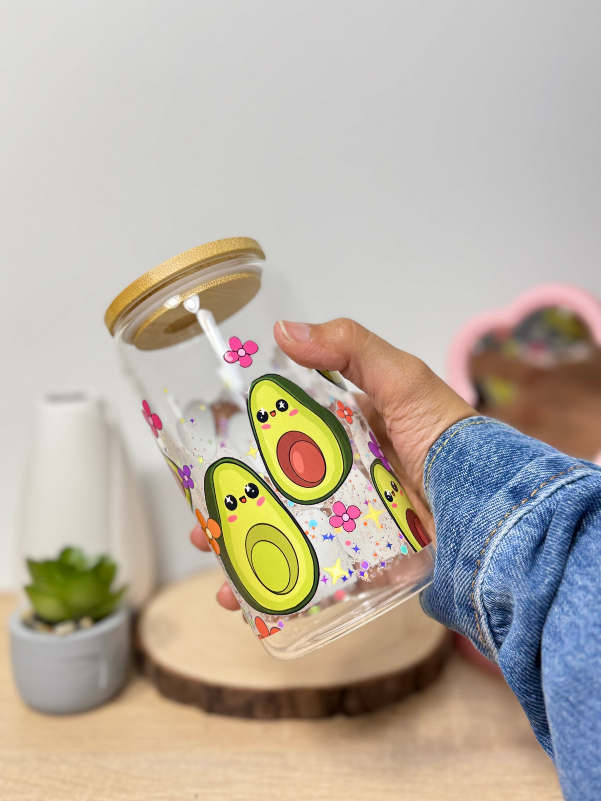 Avocado Avocuddle | 16oz Glass Tumbler with Decorative Bamboo Lid & Glass Straw