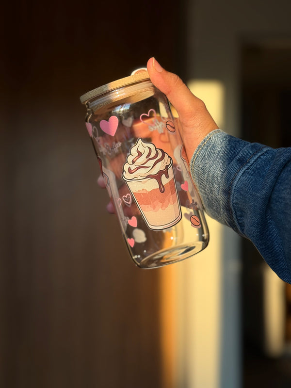 Coffee Frappe Tumbler  | 16oz Glass Tumbler with Decorative Bamboo Lid & Glass Straw