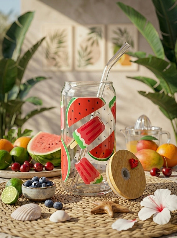 Watermelon Wink  | 16oz Glass Tumbler with Decorative Bamboo Lid & Glass Straw