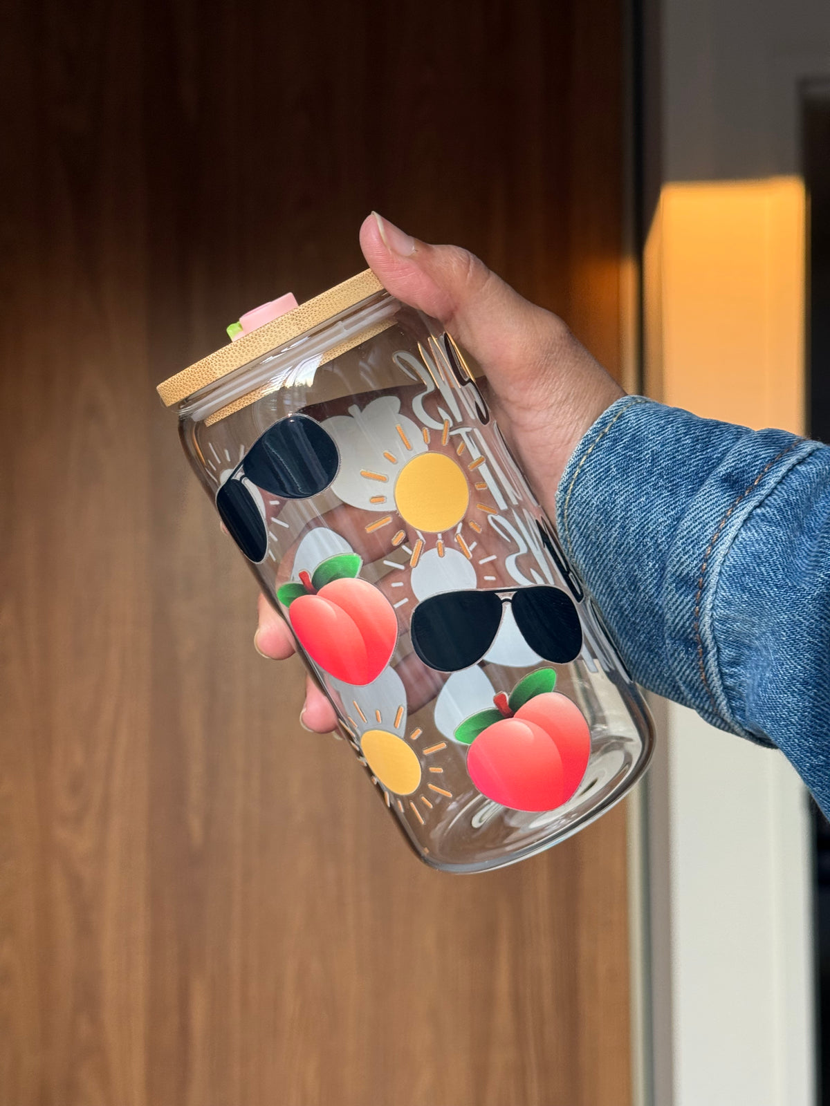 Sun Peach Tumbler  | 16oz Glass Tumbler with Decorative Bamboo Lid & Glass Straw