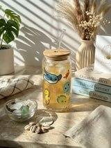 Sea Life Tumbler | 16oz Glass Tumbler with Decorative Bamboo Lid & Glass Straw