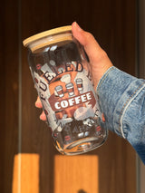 Fueled by Coffee and Anxiety| 16oz Glass Tumbler with Decorative Bamboo Lid & Glass Straw