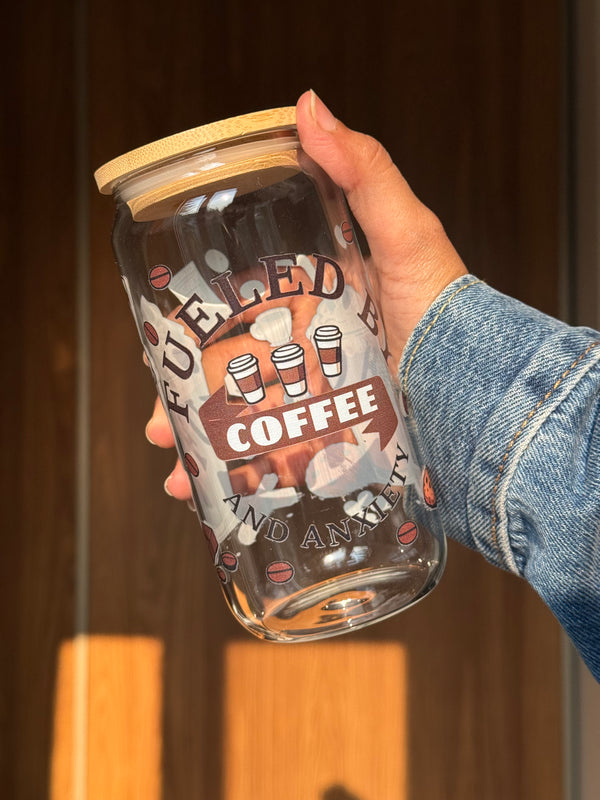 Fueled by Coffee and Anxiety| 16oz Glass Tumbler with Decorative Bamboo Lid & Glass Straw