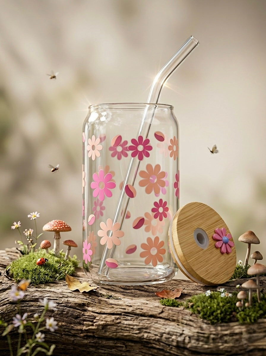 Flower Coffee Cup  | 16oz Glass Tumbler with Decorative Bamboo Lid & Glass Straw