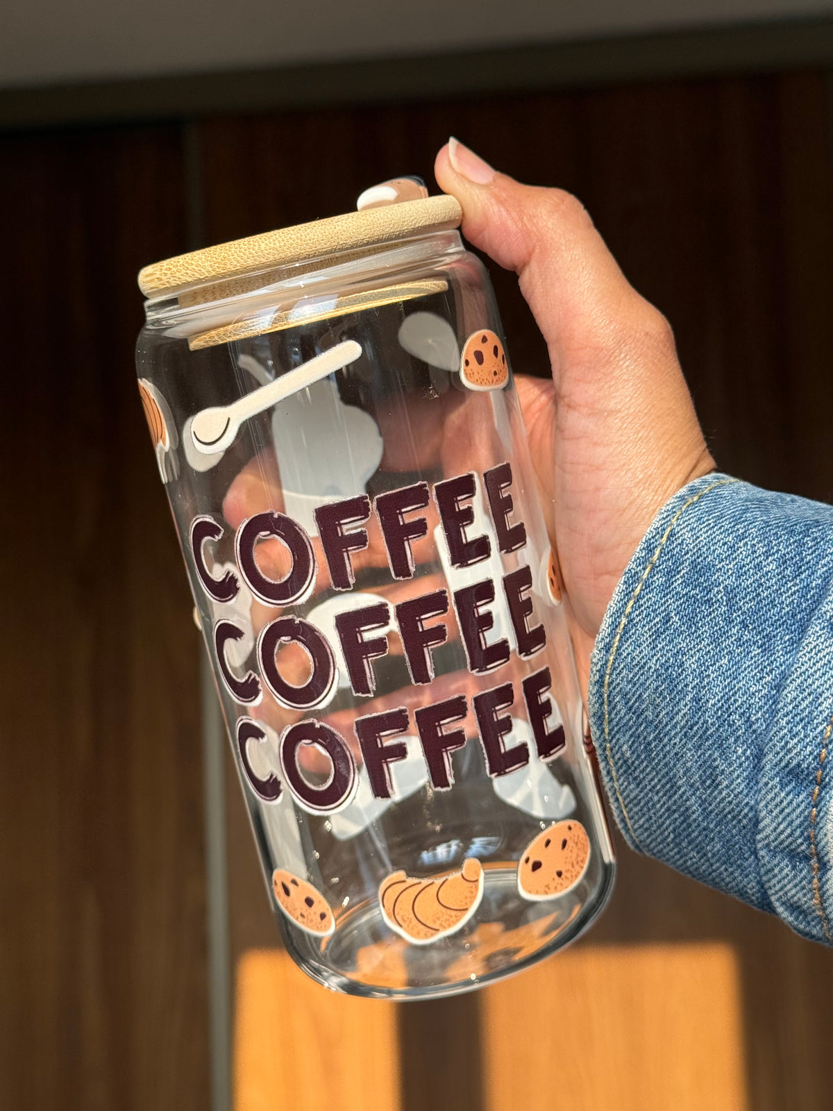 Coffee Coffee Coffee  | 16oz Glass Tumbler with Decorative Bamboo Lid & Glass Straw