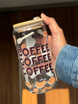 Coffee Coffee Coffee  | 16oz Glass Tumbler with Decorative Bamboo Lid & Glass Straw