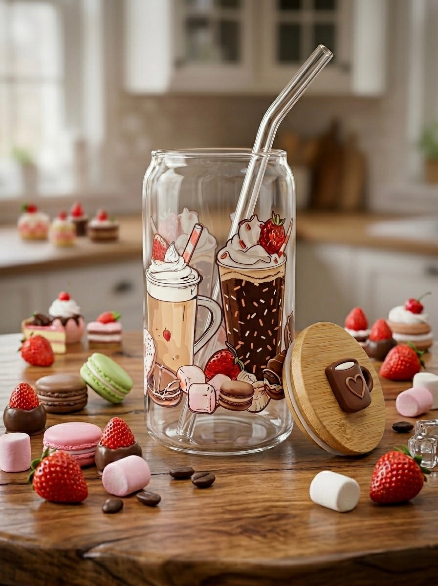 Chocolate Frappe Cup  | 16oz Glass Tumbler with Decorative Bamboo Lid & Glass Straw