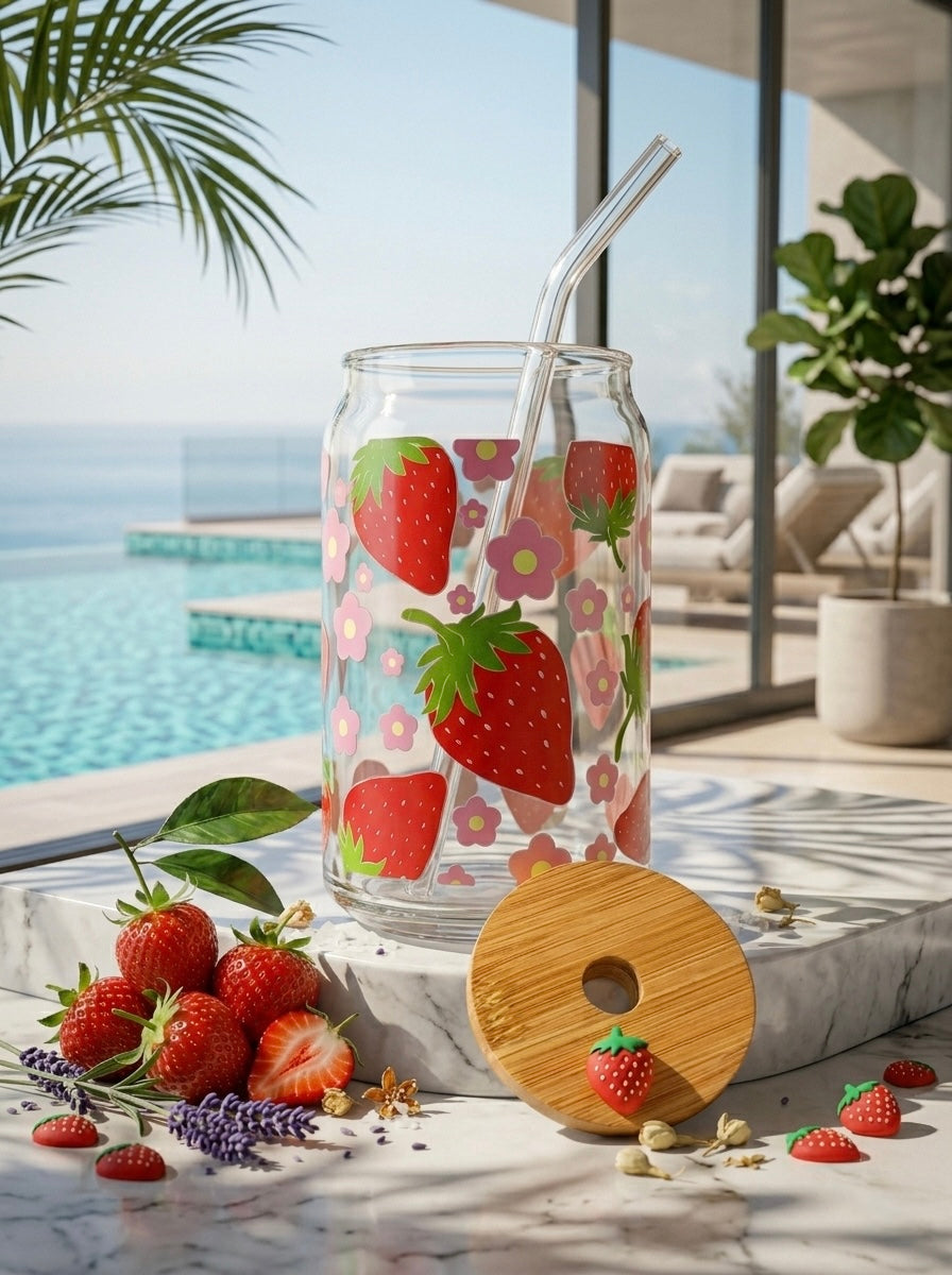 Strawberry Blush  | 16oz Glass Tumbler with Decorative Bamboo Lid & Glass Straw