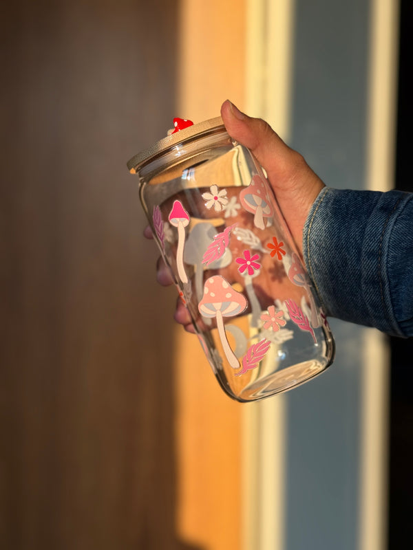 Mushroom Tumbler  | 16oz Glass Tumbler with Decorative Bamboo Lid & Glass Straw