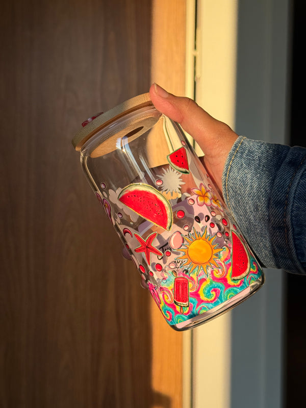 Summer Watermelon | 16oz Glass Tumbler with Decorative Bamboo Lid & Glass Straw