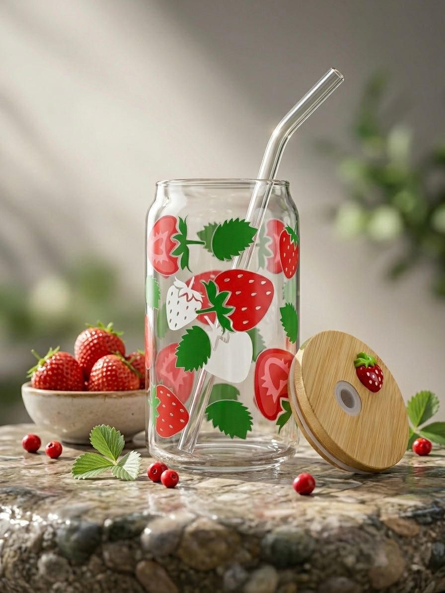 Strawberry Blush  | 16oz Glass Tumbler with Decorative Bamboo Lid & Glass Straw