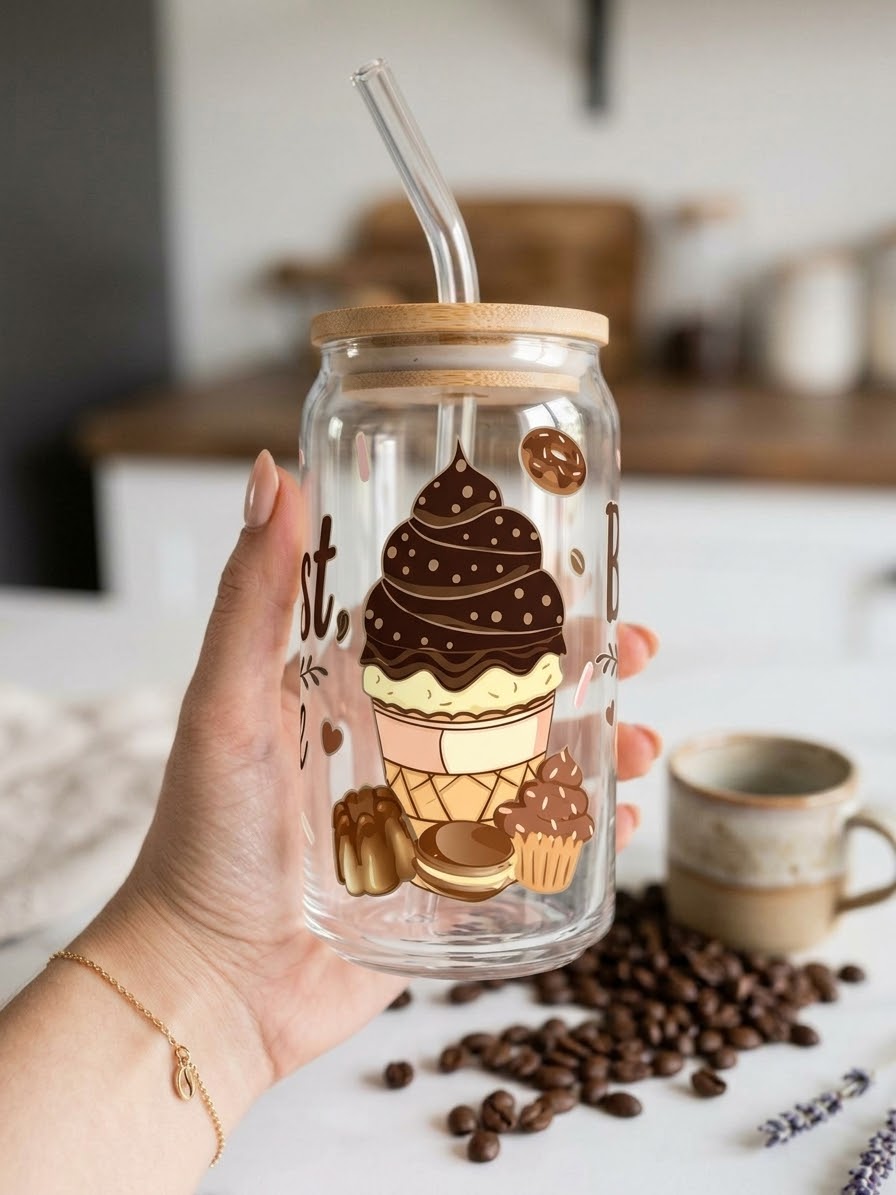 But First Coffee | Brown Theme | 16oz Glass Tumbler with Decorative Bamboo Lid & Glass Straw
