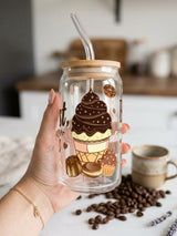 But First Coffee | Brown Theme | 16oz Glass Tumbler with Decorative Bamboo Lid & Glass Straw