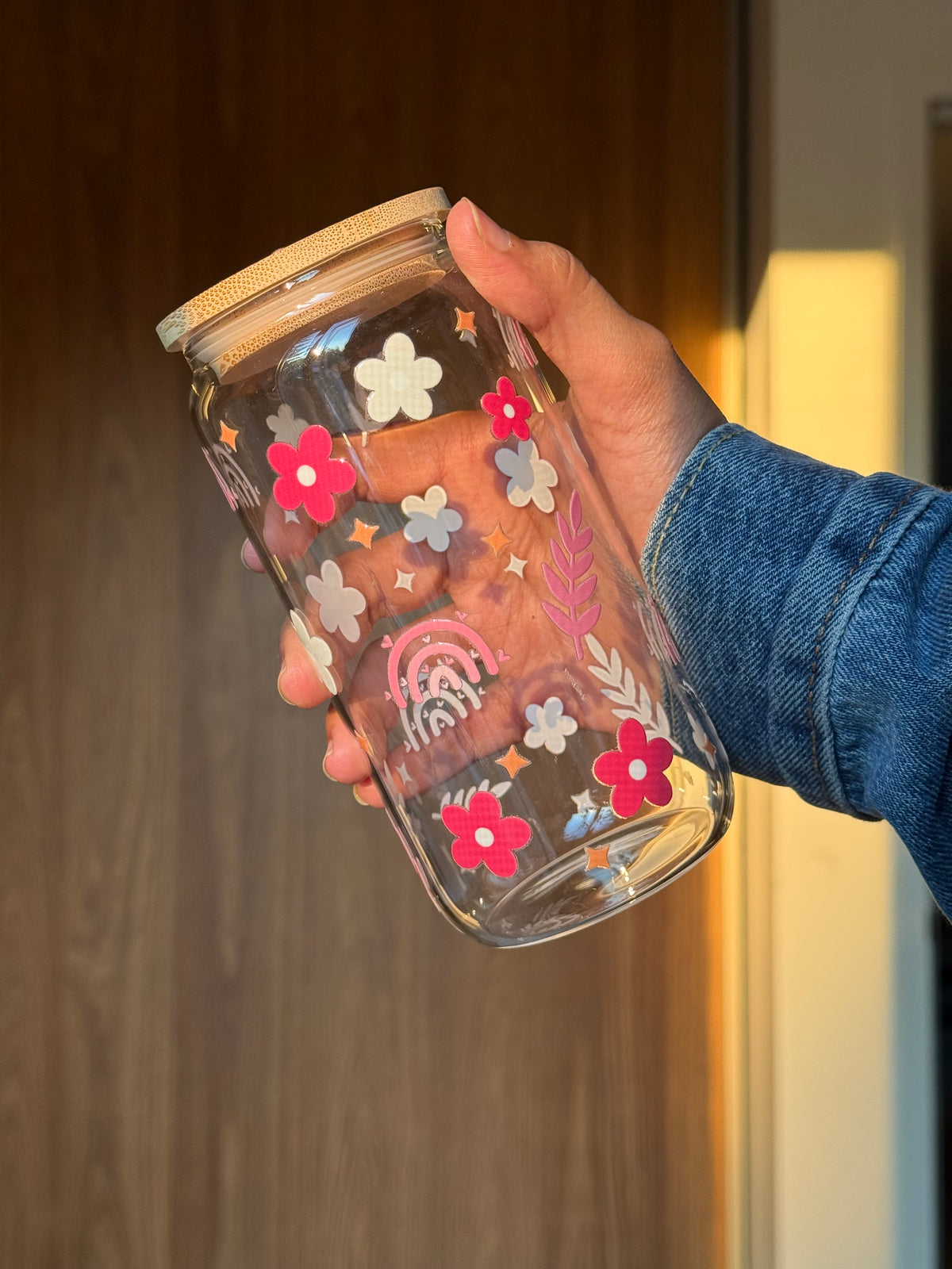 Flower Rainbow Cup  | 16oz Glass Tumbler with Decorative Bamboo Lid & Glass Straw