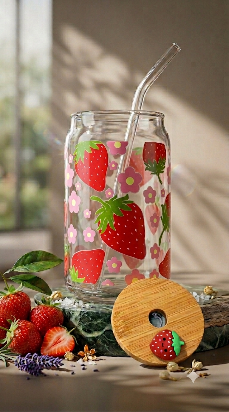 Strawberry With Flowers   | 16oz Glass Tumbler with Decorative Bamboo Lid & Glass Straw