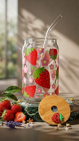 Strawberry With Flowers   | 16oz Glass Tumbler with Decorative Bamboo Lid & Glass Straw