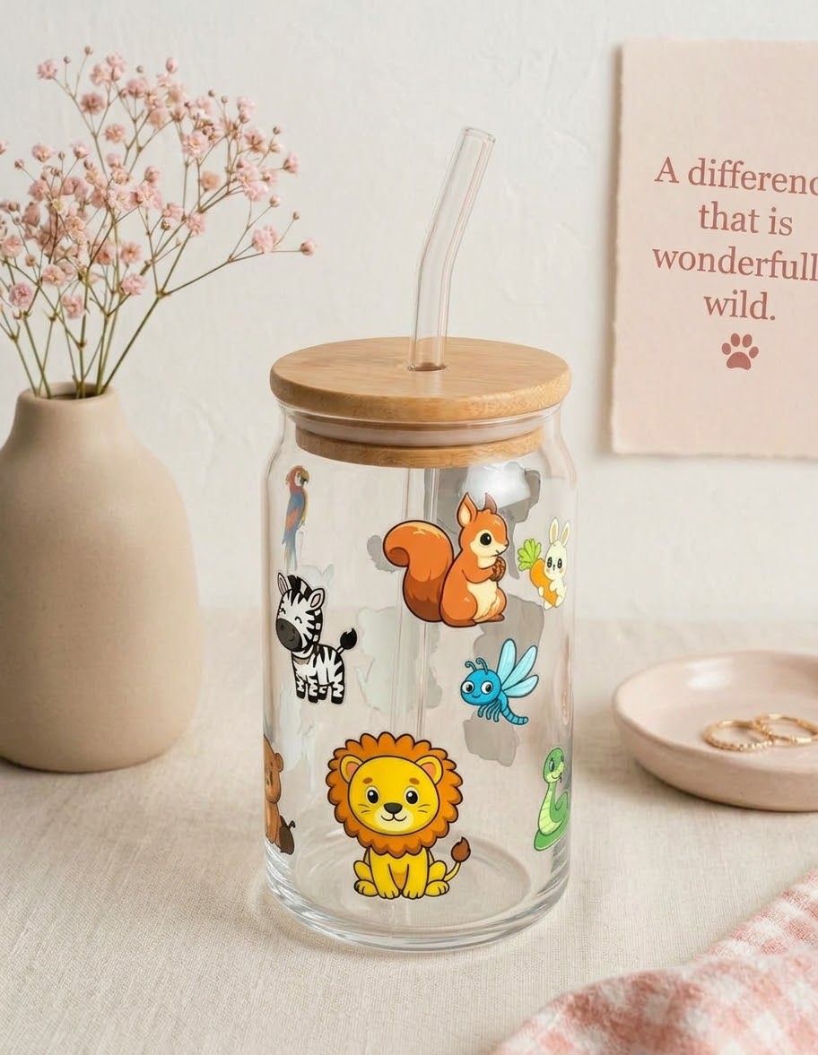 Wild Life Tumbler  | Zoo Tumbler |16oz Glass Tumbler with Decorative Bamboo Lid & Glass Straw