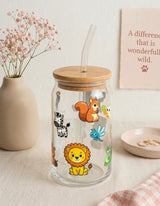 Wild Life Tumbler  | Zoo Tumbler |16oz Glass Tumbler with Decorative Bamboo Lid & Glass Straw