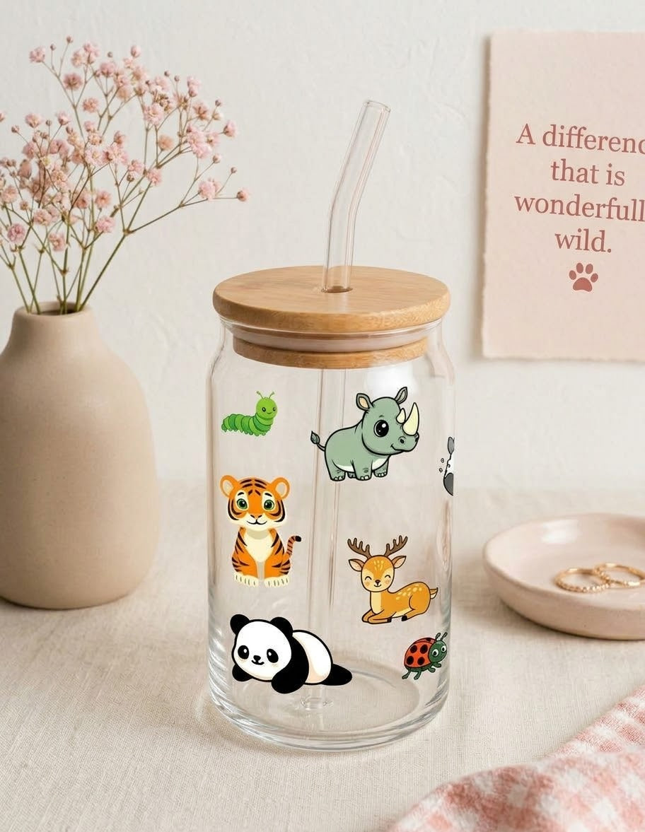 Wild Life Tumbler  | Zoo Tumbler |16oz Glass Tumbler with Decorative Bamboo Lid & Glass Straw