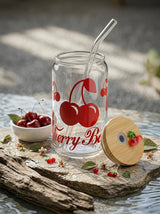 Cherry Tumbler  | 16oz Glass Tumbler with Decorative Bamboo Lid & Glass Straw