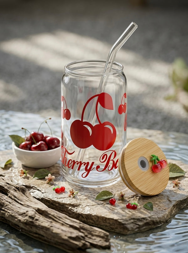 Cherry Tumbler  | 16oz Glass Tumbler with Decorative Bamboo Lid & Glass Straw