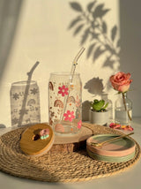 Flower Rainbow Cup  | 16oz Glass Tumbler with Decorative Bamboo Lid & Glass Straw