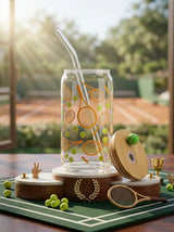 Tennis Tumbler  | 16oz Glass Tumbler with Decorative Bamboo Lid & Glass Straw