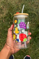 Mix Fruit Basket  | 16oz Glass Tumbler with Decorative Bamboo Lid & Glass Straw