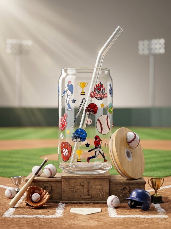 Baseball Tumbler  | 16oz Glass Tumbler with Decorative Bamboo Lid & Glass Straw