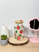 Strawberry Blush  | 16oz Glass Tumbler with Decorative Bamboo Lid & Glass Straw