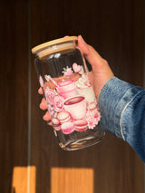Macaroons and Coffee | 16oz Glass Tumbler with Decorative Bamboo Lid & Glass Straw