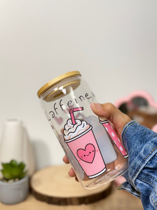 Caffeine Vibes | 16oz Glass Tumbler with Decorative Bamboo Lid & Glass Straw
