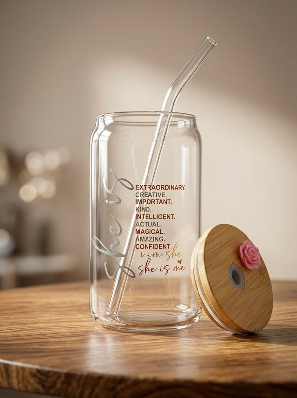 She Is Enough | 16oz Glass Tumbler with Decorative Bamboo Lid & Glass Straw