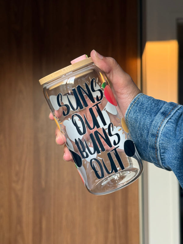 Sun Peach Tumbler  | 16oz Glass Tumbler with Decorative Bamboo Lid & Glass Straw