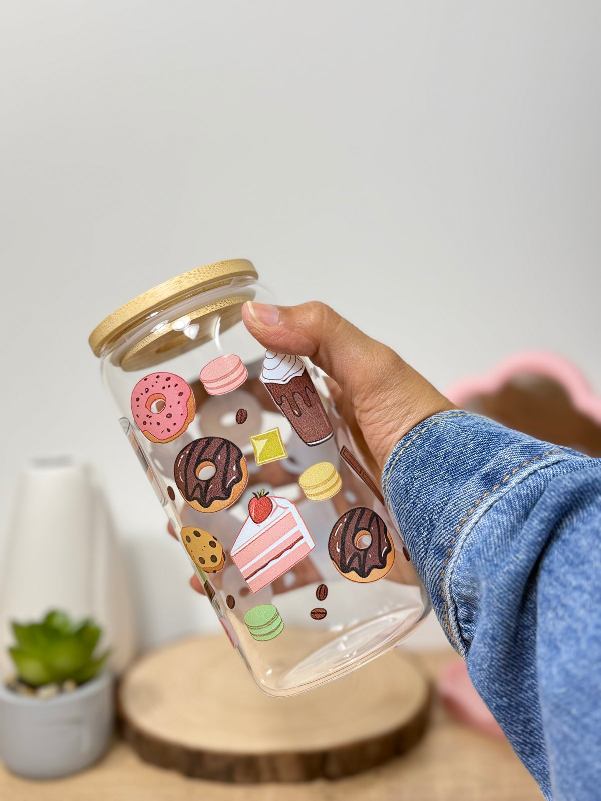 Dessert Tumbler | 16oz Glass Tumbler with Decorative Bamboo Lid & Glass Straw
