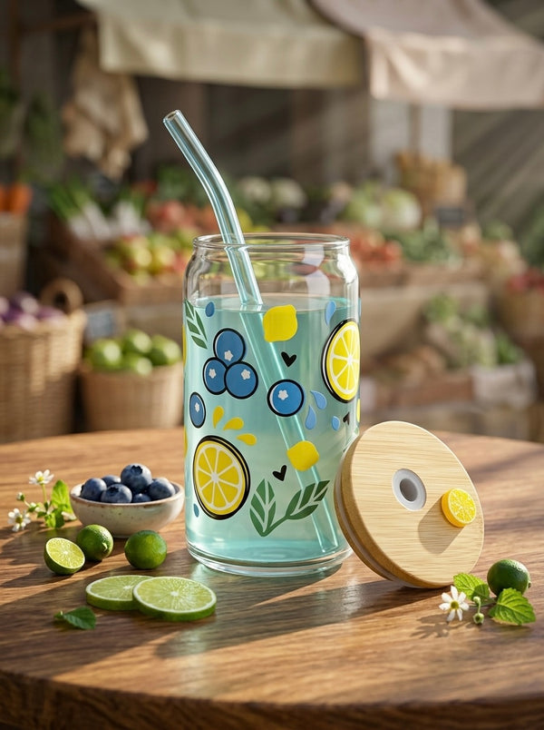 Blueberry Lime Tumbler  | 16oz Glass Tumbler with Decorative Bamboo Lid & Glass Straw