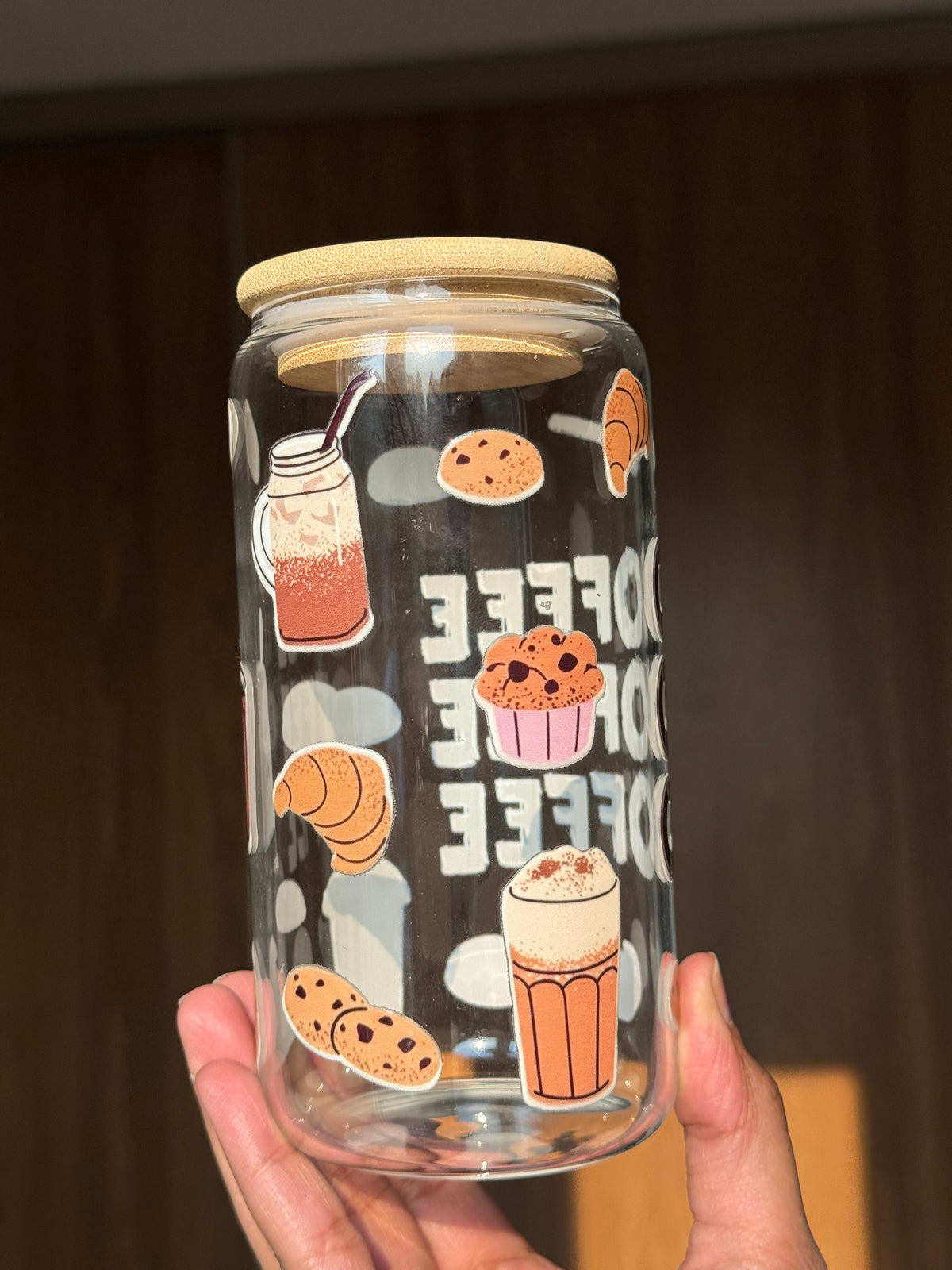 Coffee Coffee Coffee  | 16oz Glass Tumbler with Decorative Bamboo Lid & Glass Straw