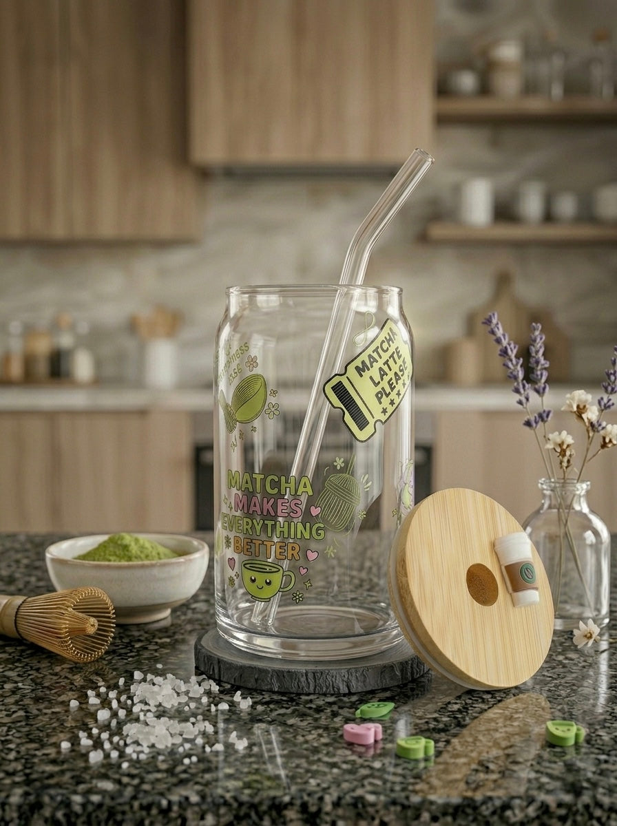 Matcha Mood  | 16oz Glass Tumbler with Decorative Bamboo Lid & Glass Straw