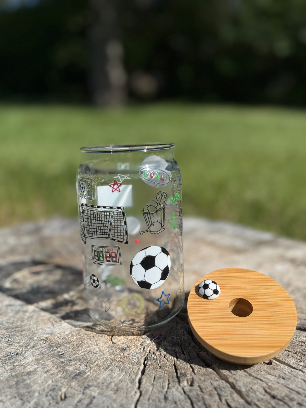 Football | 16oz Glass Tumbler with Decorative Bamboo Lid & Glass Straw